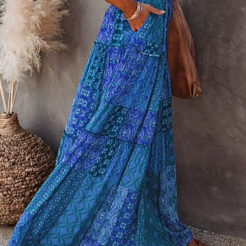 Dark Blue Boho Women's Elastic High Waist A-Line Tiered Long Skirt with Pockets